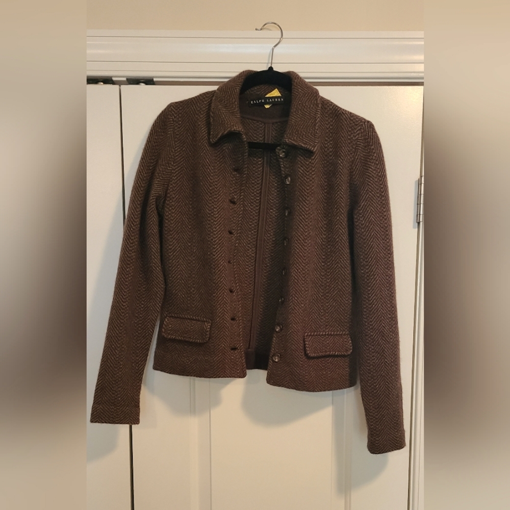 Ralph Lauren Black Label Brown Herringbone Button Front Cashmere Cardigan Small